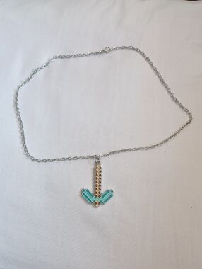 4/$60 Silver Chain Necklace with Turquoise & Brown Minecraft Pickaxe Charm